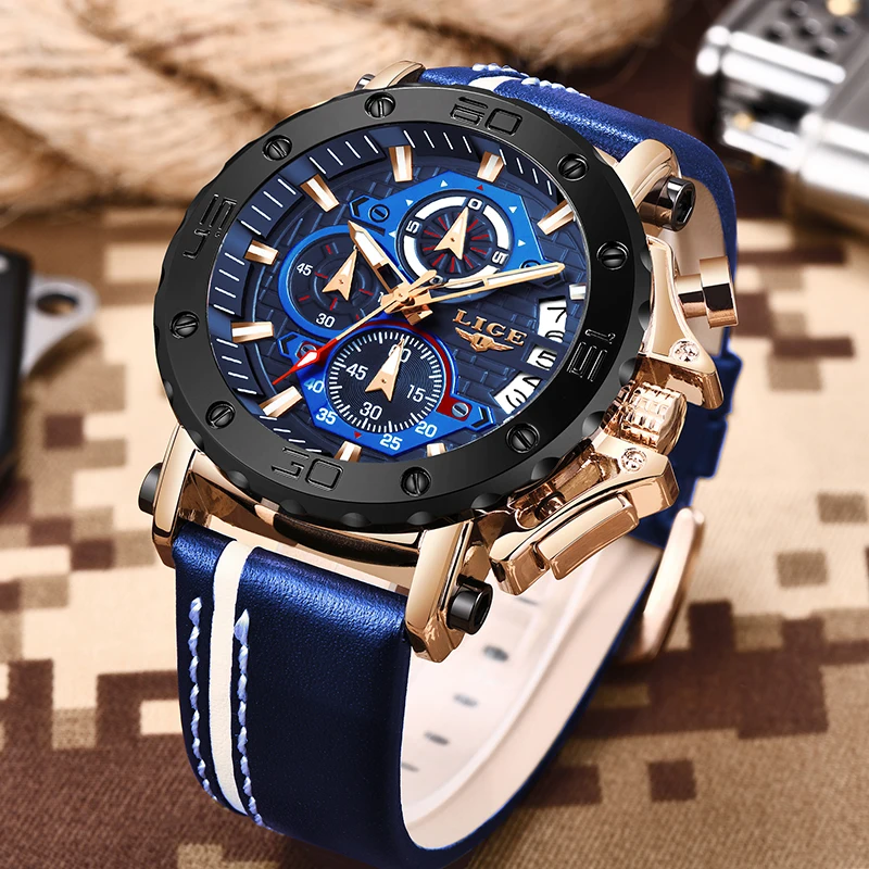 Часы наручные LIGE Мужские кварцевые с большим циферблатом брендовые Роскошные