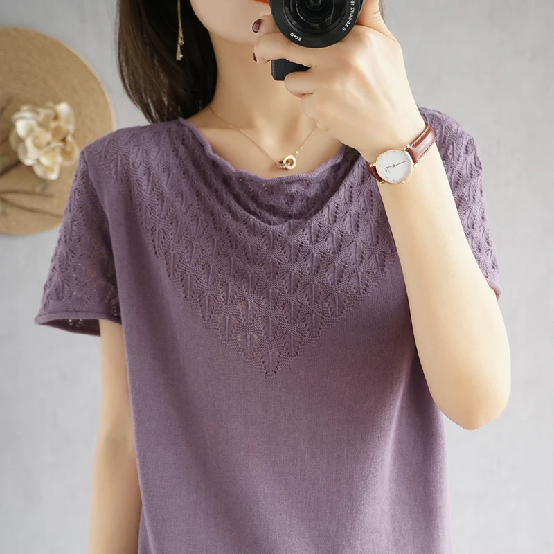 

2020 summer new V-neck cotton knitted short-sleeved T-shirt female loose T-shirt half-sleeved skeleton air quality casual primer