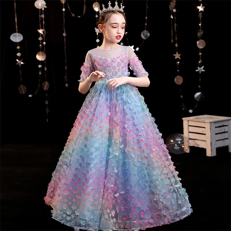 

Spring New High Quality Children Girls Appliques Flowers Birthday Wedding Party Princess Dress Elegant Piano Costumes Dress Wear