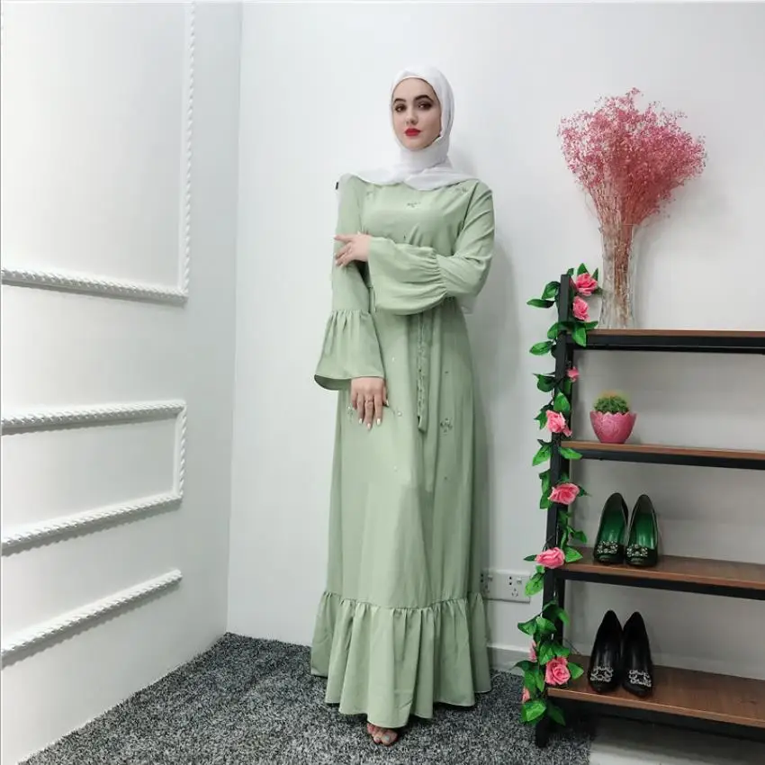 

Hand made diamond beading muslim peignoir Robes syari Dubai Fashion female full length ruffles Abaya Muslim Dress with belt