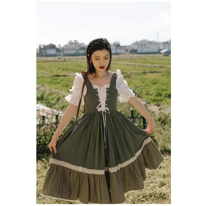 

2021 Women Summer Retro Princess Maiden Style Bandage Fake Two Dress Chiffon Lantern Sleeve Long Palace Gowns Green Lace Hollow
