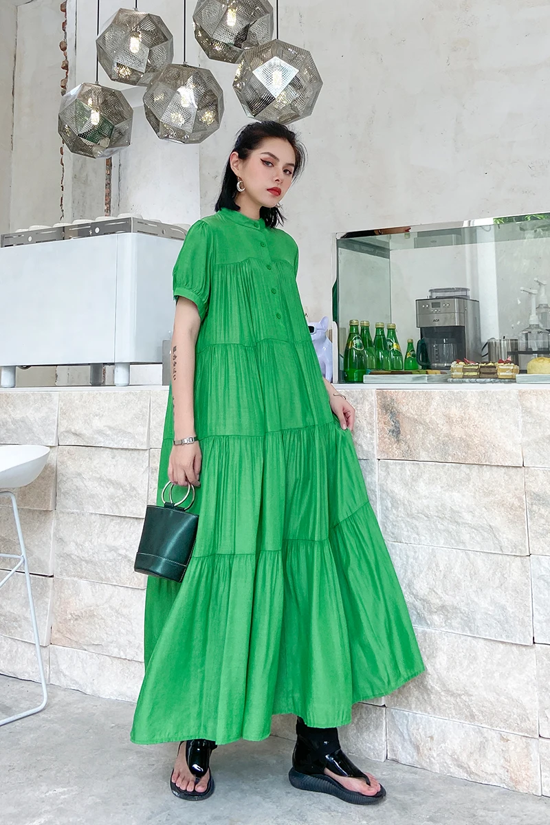 

SuperAen Women's Dress 2021 New Summer Loose Korean Puff Sleeve Stand Collar Ruffles Long Dresses for Women