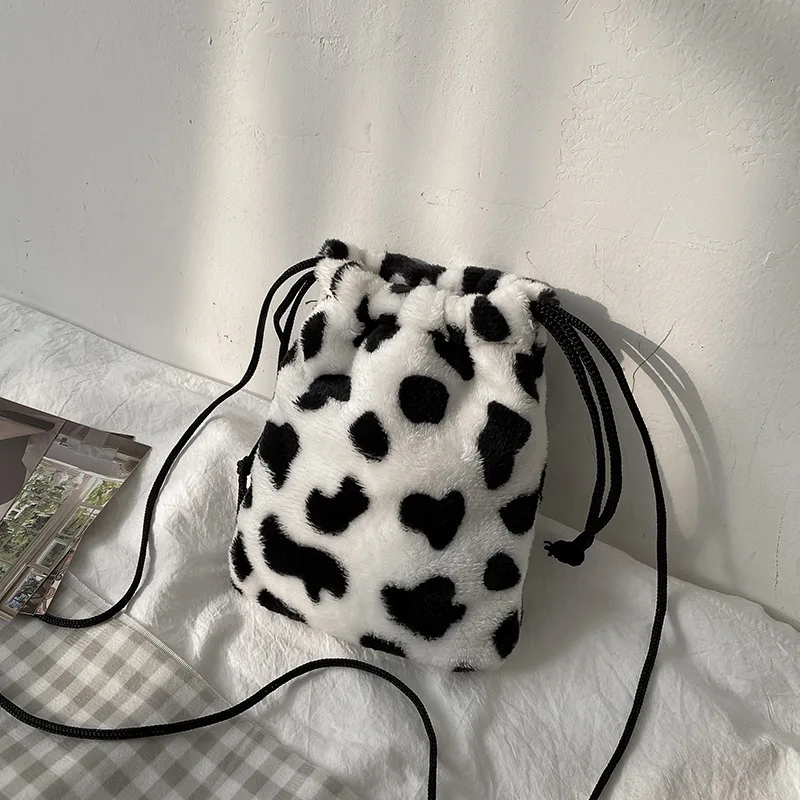 

Women's Foreign Trade Bags 2020 Winter Plush Bag Internet Celebrity Pull-Belt Cows Pattern Chic Shoulder Crossbody Bag Wholesale