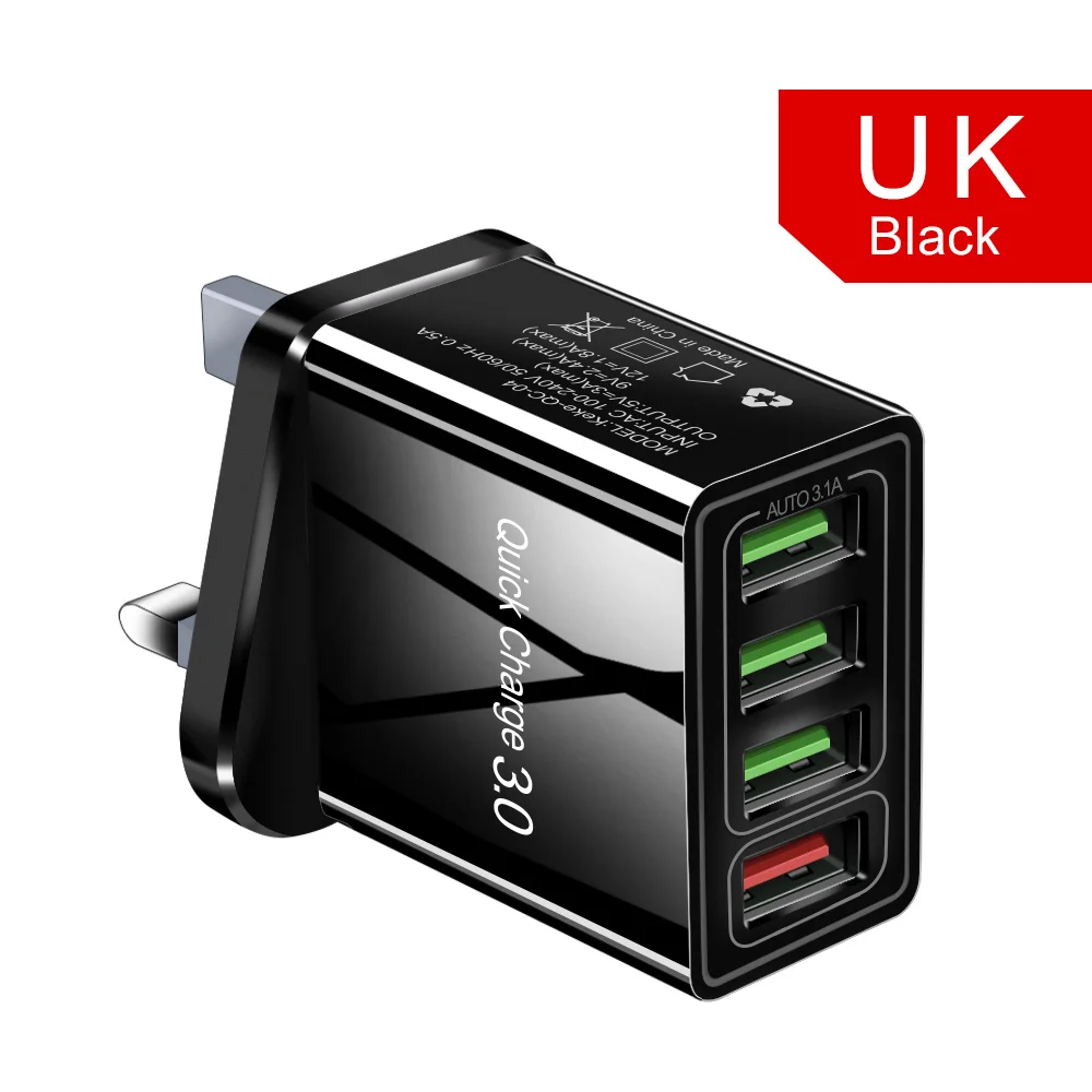 UK Black Олаф USB зарядное устройство 4 порта USB быстрое зарядное устройство 3,0 адаптер EU US UK Быстрая зарядка для iPhone Xr Max XR X 10 8 7 USB зарядное устройство для телефона s - Тип штекера: UK Black
