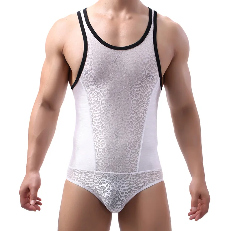 Sexy Men Undershirts Lingerie Bodybuilding Slimming Sleeveles Mesh Lace Solid Gay Bodysuit for Men's Undershirt BodySuit