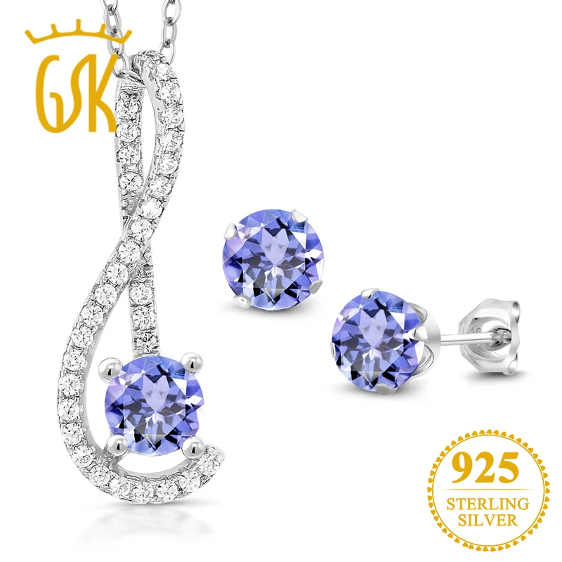 GemStoneKing 1.64Ct натуральный голубой танзанит Белый сапфир кулон серьги набор из