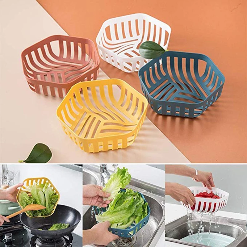 

4 Pcs Kitchen Storage Baskets Creative Hollow Out Wash Fruit Basket Drain Basket Multi-Function Shelf Baskets