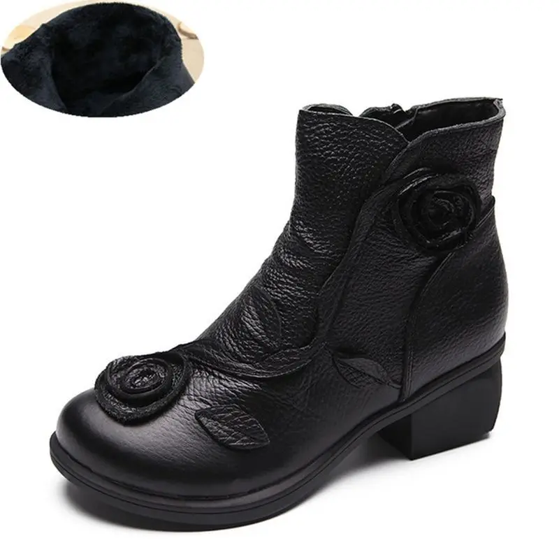 

Autumn and winter 2020 new thick heel leather national style Mid Heel Martin boots hand sewn flower boots