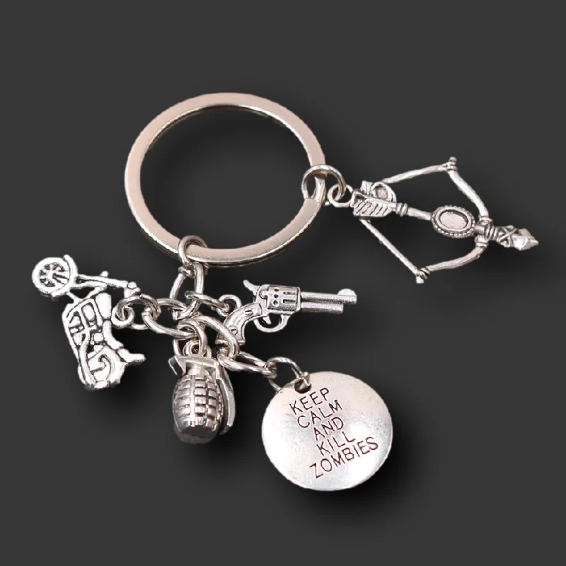 

The Walking Dead Inspiration Keyring Zombie Fan Gift Horror Gift Arrow and Bow Gun Charm Keep Calm and Kill Zombies Keychain