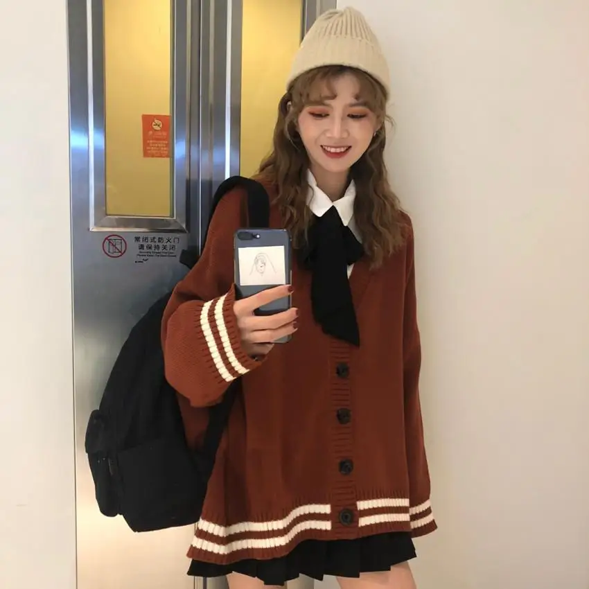 

Fashion Single Breasted Popular Soft V-neck Ladies Knitwear College Burgundy Vintage Woman Cardigans Sweaters Women Ins Lovely