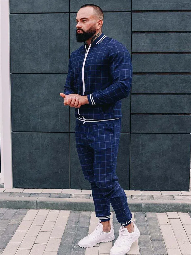 

2021 new spring and autumn men's new gentleman sportswear suit jacket suit men's sportswear suit fashion plaid two-piece leisure