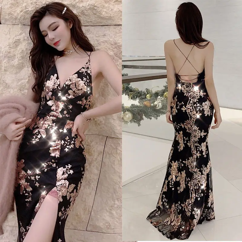 Женское банкетное платье с V образным вырезом открытой спиной высокой талией