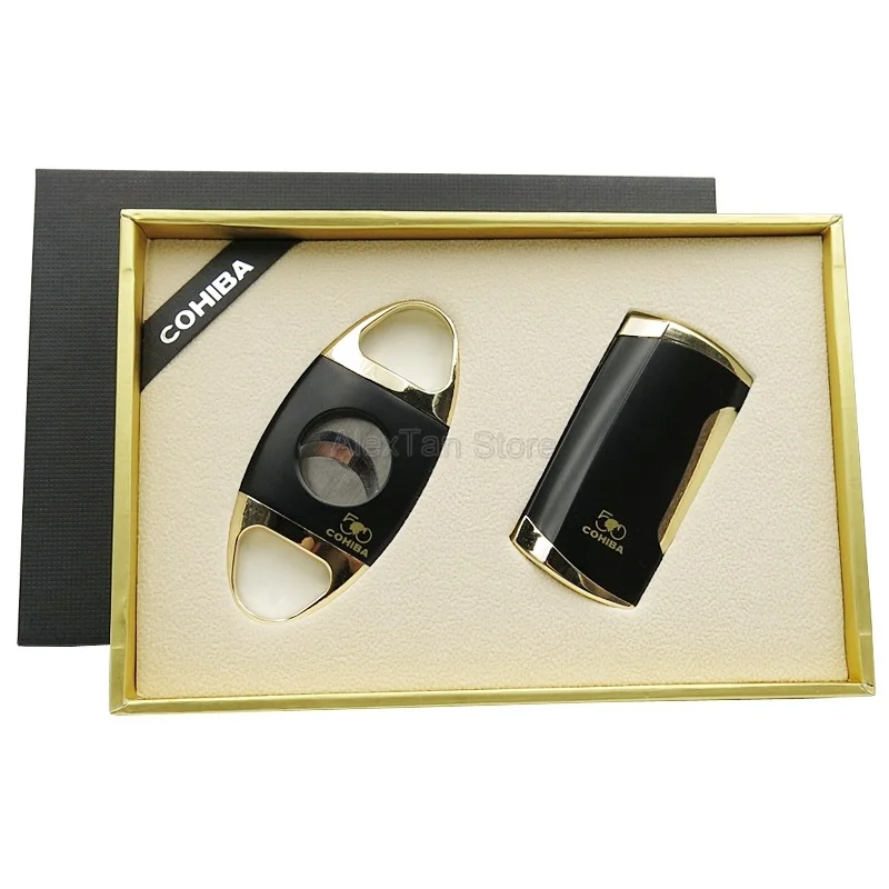 Gold COHIBA креативный 50-й юбилей сигары для сигарет; защита от ветра зажигалка 2 фонарь Jet Limited зажигалки резак Бизнес Подарочный набор - Цвет: Gold