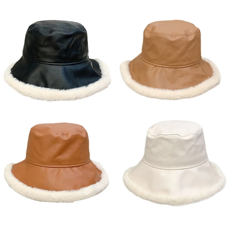 

PU Leather All-match Plush Basin Hat Korean Version Fisherman Bucket Fisherman Cap Wide Brim Outdoor Trend