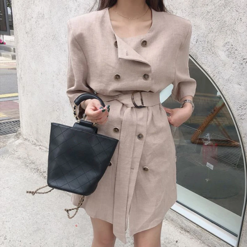 

Sannian Women Dress Round Neck Ring Buckle Lacing Waist Double-breasted Sub Cotton Linen Short-sleeved Dresses Women Clothes