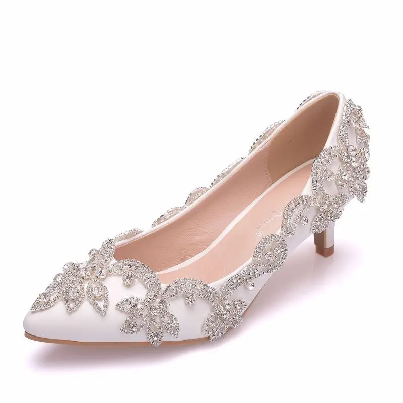Sexy Pumps Wedding Women Fetish Shoes women pumps Party banquet PU Rhinestones Slip On 5CM Thin High Heels Pointed Toe white