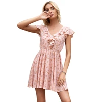 dress woman summer floral printing edible tree fungus v neck a line short sleeve dresses for women robe femme 2021 pink black