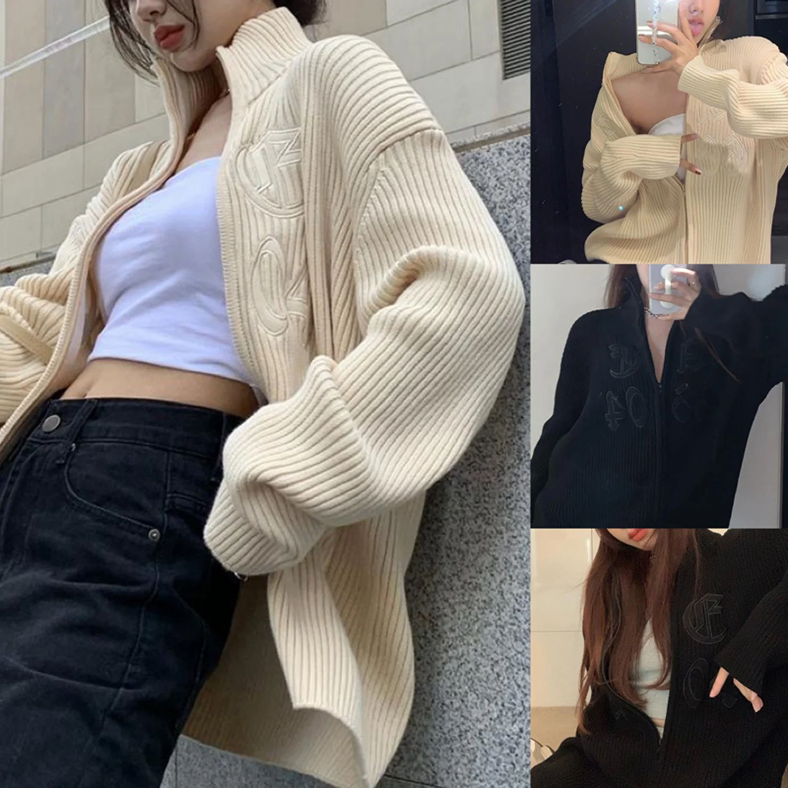 

Свитер Женский вязаный в рубчик, повседневное пальто с длинным рукавом и вышивкой буквами и воротником-стойкой