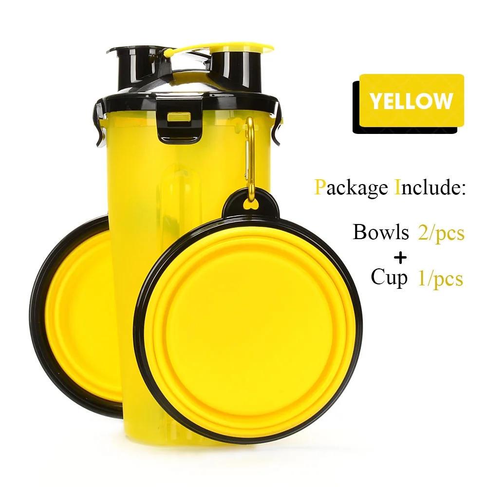 yellow wIth 2 bowl Портативная 2 в 1 ПЭТ бутылка для воды контейнер для еды со складной силиконовой миской для домашних животных уличная дорожная кормушка для кошек и собак чашка - Цвет: yellow wIth 2 bowl