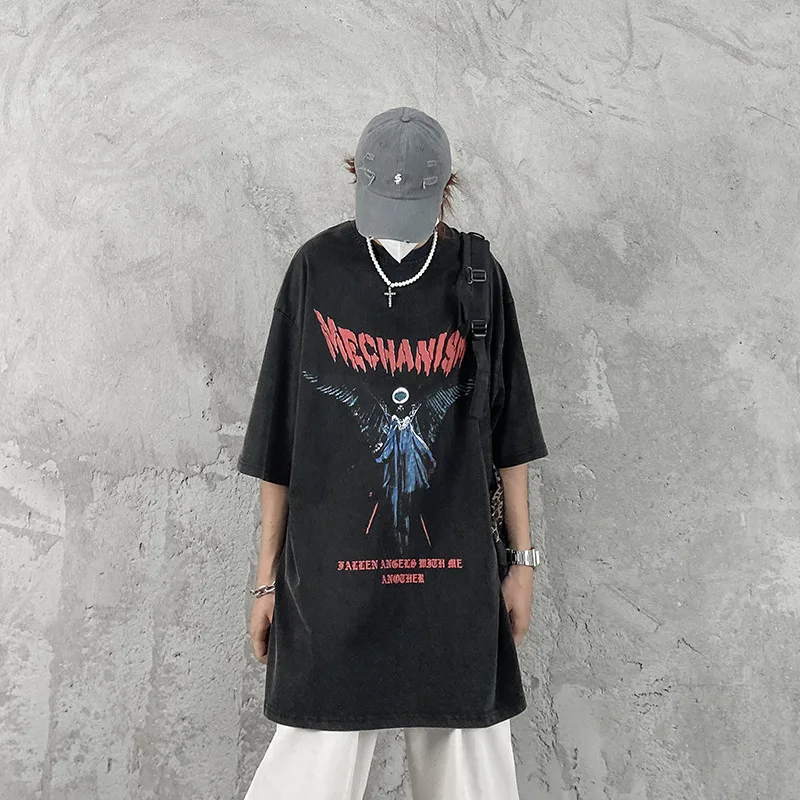 

Men's clothing summer retro old washed dark high street angel print short-sleeved T-shirt men's casual tide brand half-sleeved
