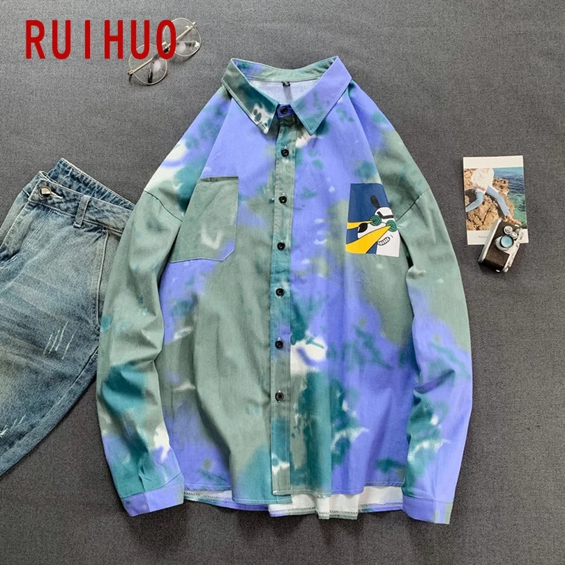

RUIHUO Tie Dye Men Shirts For Men Clothing Korean Style Men Shirt Long Sleeve Harajuku Shirt Korean Clothes 2XL 2021 Spring