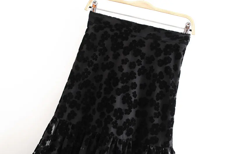 

Lace Black Midi Skirt Side Zipper Irregular A Line Female Retro Stylish Mid Calf Skirts Bonjean Women Elegant
