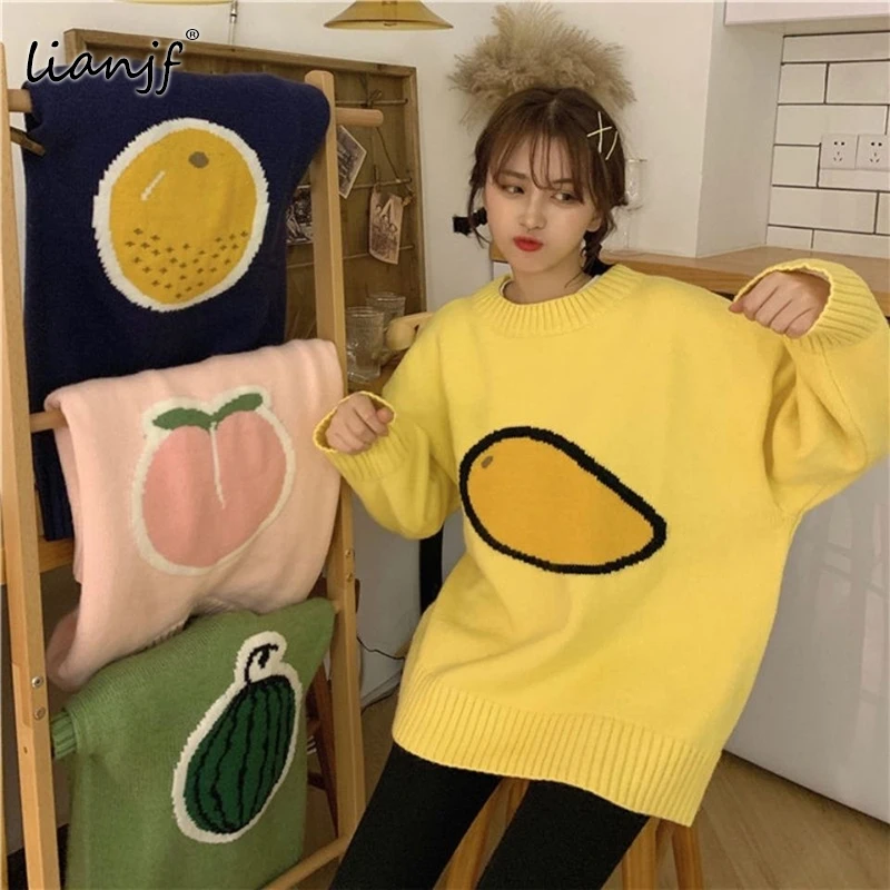 

Autumn Fruit Pattern Pullover Loose Casual Harajuku 2021 Long Sleeve Sweaters Korean Style Women Fashion Sweet Cute Ladies Tops