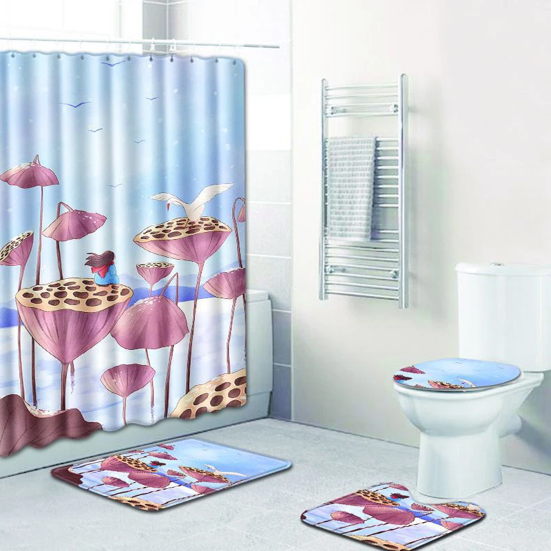 

4Pcs Colored Drawing Theme Bathroom Set With Durable Waterproof Shower Curtain And Non-Slip Rugs Toilet Lid Cover And Bath Mat