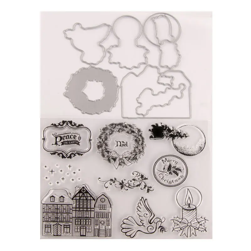 

Merry Christmas House Clear Silicone Stamp and Die Set DIY Scrapbook Kids Happy Birthday Album Rubber Metal Cutting Gift Card