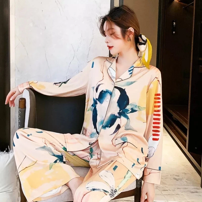 Luxurious Women's Pyjama Set Silk Long Sleeve Spring Autumn Ladies Pajama Sut 2 Pcs with Pants Satin Loose Sleepwear for Female