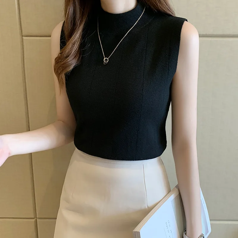 

Sexy Solid Tees Women Korean New 2021 Sleeveless Summer Turtleneck Tshirt Knit Elastic Casual Ladies Fashion Tops T-shirt Indie