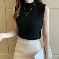 sexy solid tees women korean new 2021 sleeveless summer turtleneck tshirt knit elastic casual ladies fashion tops t shirt indie