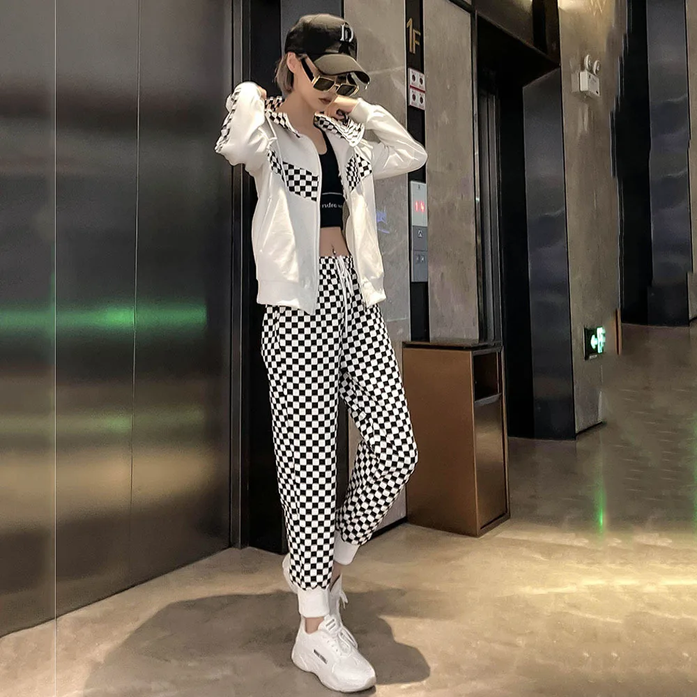 

Женский клетчатый спортивный костюм, Белый спортивный костюм в Европейском стиле, свитер на молнии и повседневные штаны, комплект из двух п...