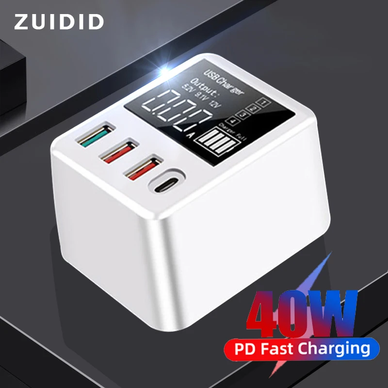 

40W PD Digital Display USB Charger Mobile Phone Charge Fast Charging QC3.0 Adapter For iPhone 12 11Pro Max Xiaomi 11 Huawei P40