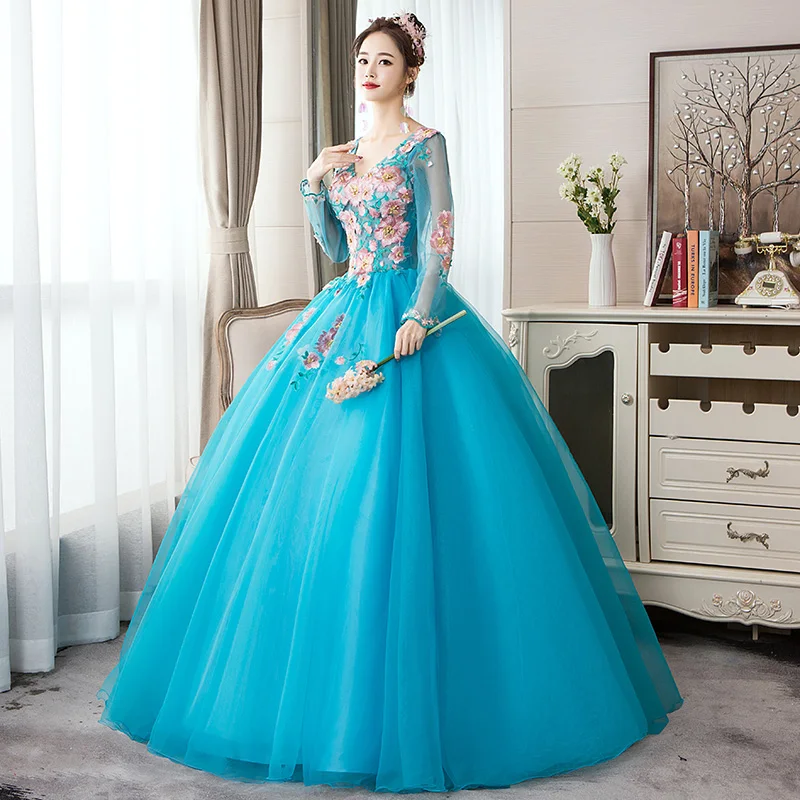 Quinceanera Dresses 2021 Elegant V-neck Party Prom Ball Gown Long Sleeve Sweet Floral Print Vestido De Dress | Свадьбы и торжества