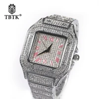 tbtk iced out men watch square diamond pink blue numbers quartz luxury wrist watches roman clock relogio masculino