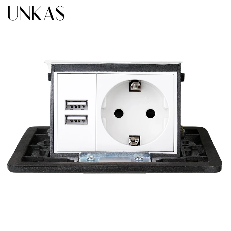 Выдвижная напольная розетка UNKAS с алюминиевой черной панелью 16 А для России