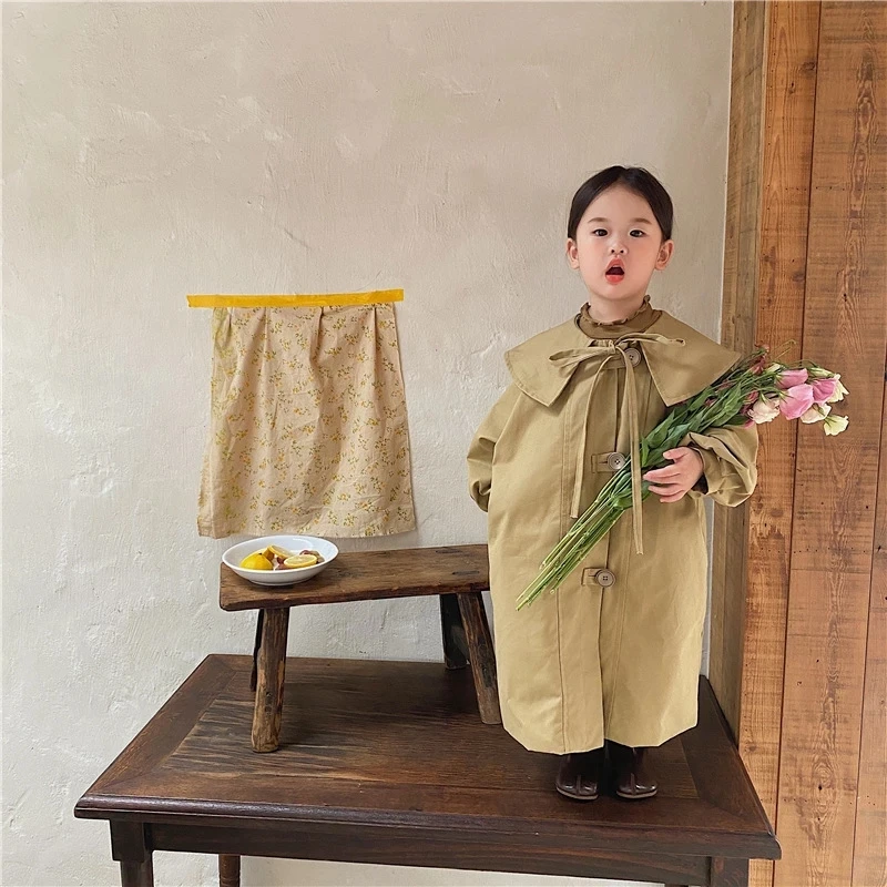3Y 8Y Trench Coat for Girls Children's Cotton Soild Long Outerwears Korean Style Cute Windbreakers 2021 Autumn Outdoor Coat A071