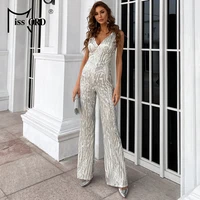 missord 2021 summer female jumpsuit women sequins backless v neck sexy sleeveless bodysuit elegant evening party rompers striped