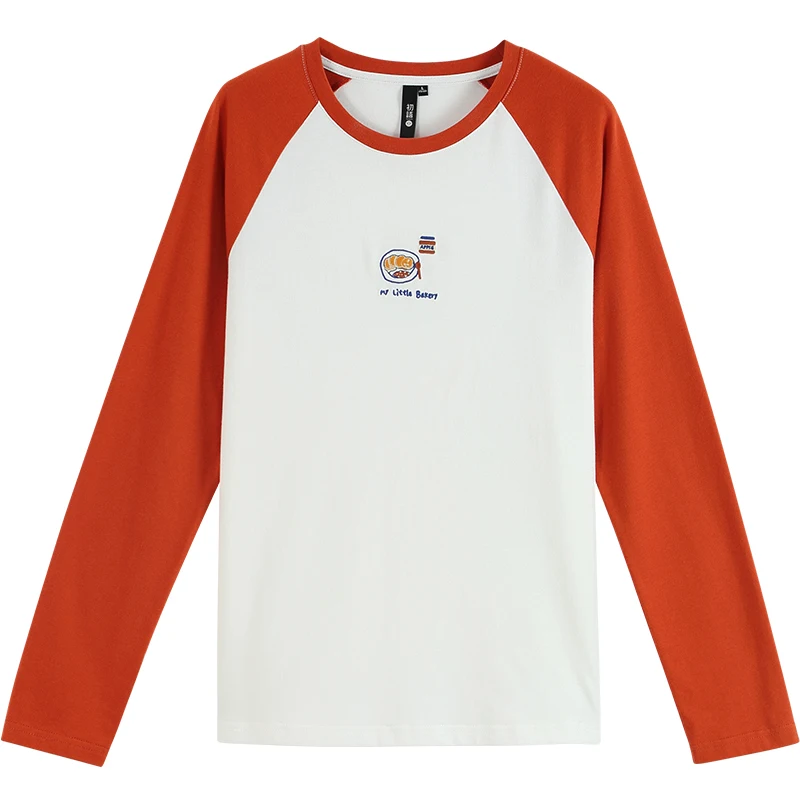 

Toyouth Fashion Autumn Patchwork Embroidery Hit Color Long Sleeve T-Shirts Women Round Neck Basic Top Tee Shirt