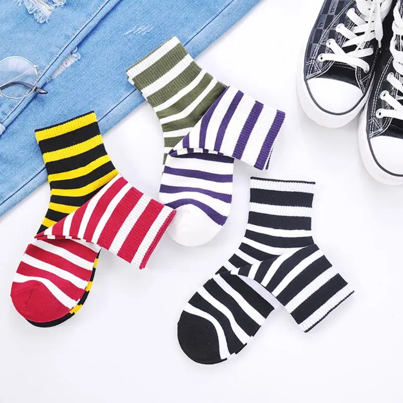 

5 Pairs Japanese Women Cotton Crew Socks Contrast Color Stripe High Tube Hosiery Y1AC