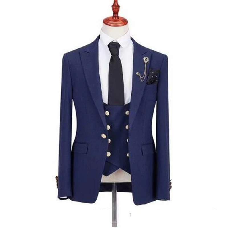 

Мужской темно-синий костюм с лацканами, повседневный облегающий пиджак на одной пуговице, 3 предмета, 2022