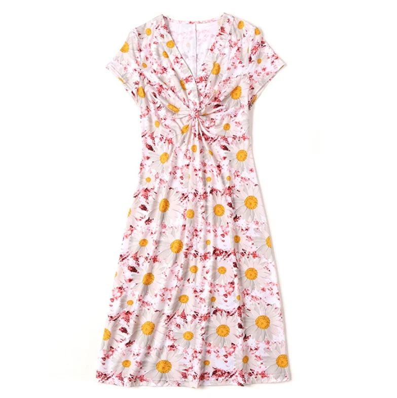 

Pink Blue Summer V-Neck Women's Mini Dress Ruched Simple Waist Prairie Chic Style Acetate Dresses Female Floral Printing Skirt