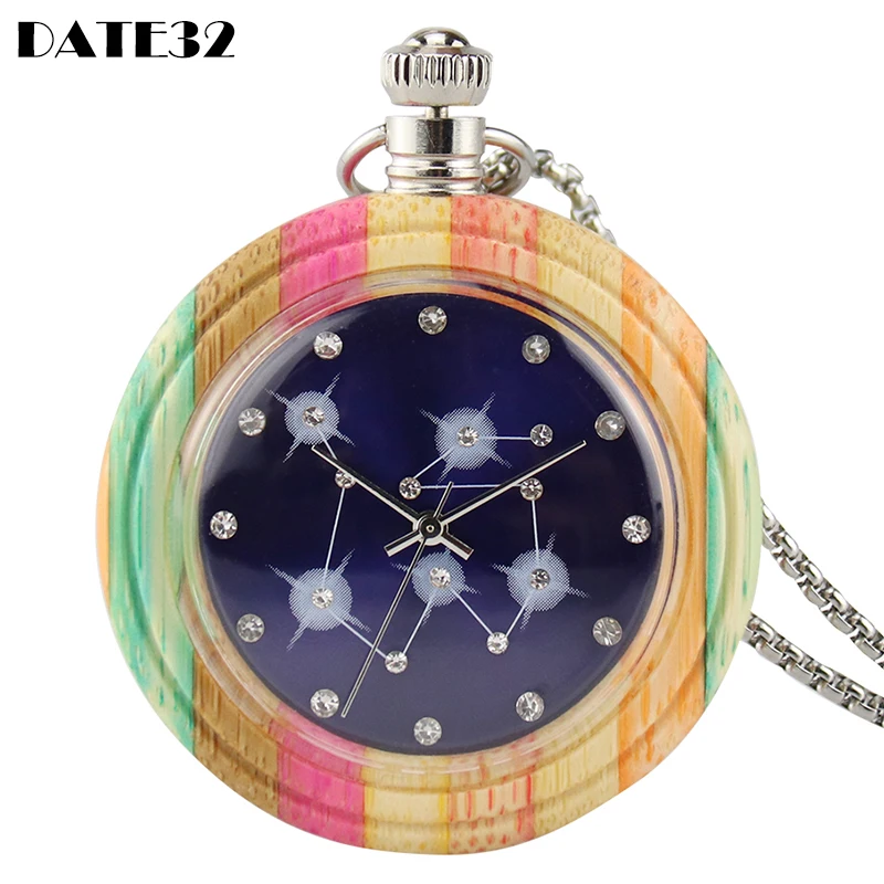

Wood Pendant Quartz Pocket Watch Colorful Bamboo Wooden Fob Chain Diamond Rhinestone Stars Necklace Clock for Men Women Present