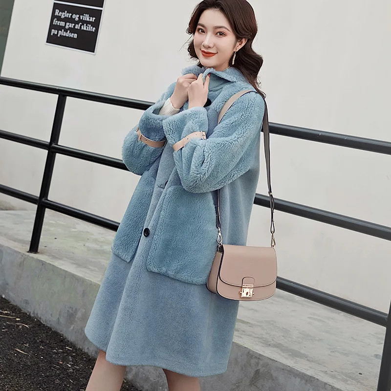 

2020 autumn and winter high-quality pure lamb wool granule sheep shearing coat with fur one-piece fur long loose women's jacket