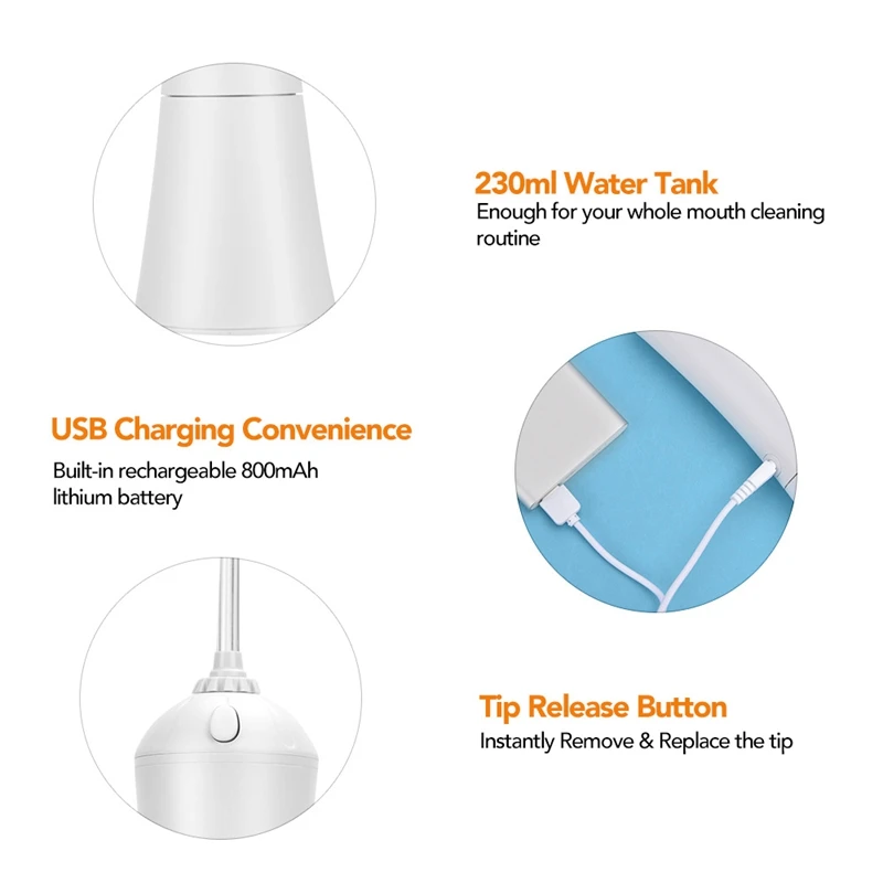 

Cordless 3 Modes Oral Jet Irrigator Portable Water Flosser USB Rechargeable Water Jet Floss Tooth 3 Tips 250Ml