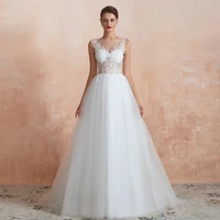ivory wedding dress 2021 sleeveless white lace wedding gown tulle o neck illusion a line beach bride gown court train vestidos