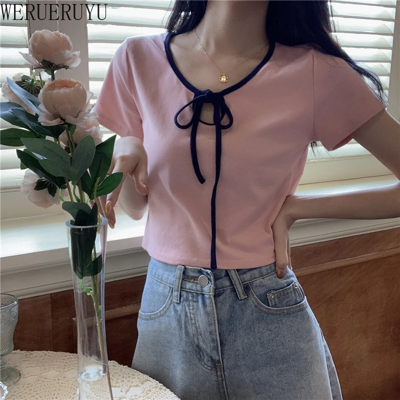 

WERUERUYU Sexy Women Solid Color T-shirt 2020 New Outwear Summer Thread Wrapped Short Sleeve T-shirt Tops