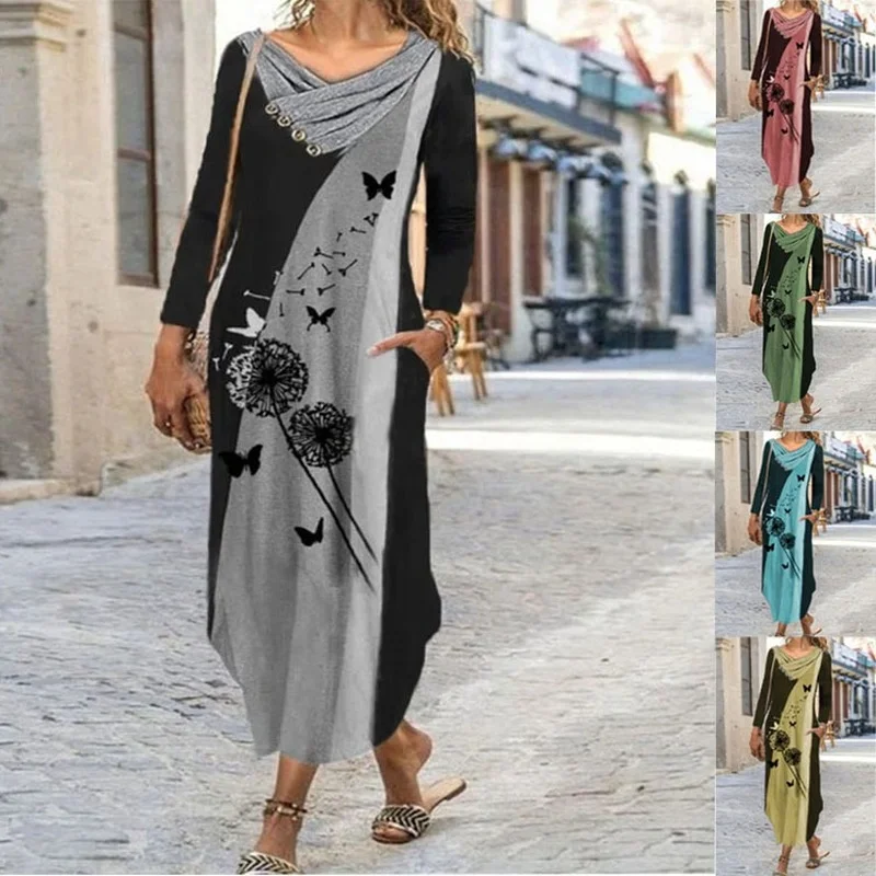 

Donsignet Women Dress Autumn Winter Long Dress 2021 Printed Long Sleeve V-Neck Office Lady Dresses for Women Vestido Feminino