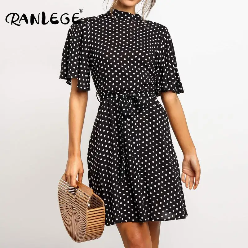 Женское летнее платье RANLEGE офисное с коротким рукавом и принтом в горошек 2020